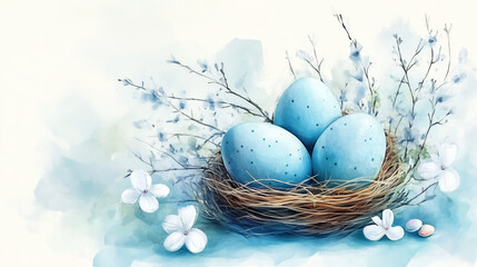 Obraz premium Watercolor Painting of Blue Easter Eggs in Brown Nest with Delicate Floral Sprigs and Soft Pastel Background