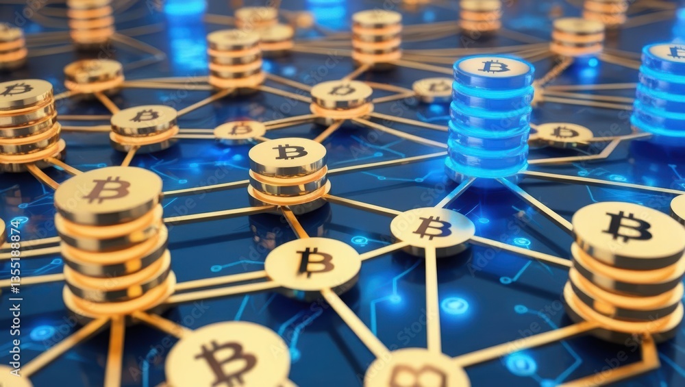 Poster blockchain-powered financial virtualization with abstract network of bitcoin coins for liquidity mov
