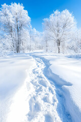 Obraz premium Snow-covered path through winter forest, bright sky