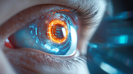A close-up view of an eye enhanced with futuristic technology, featuring a glowing digital interface and vibrant colors
