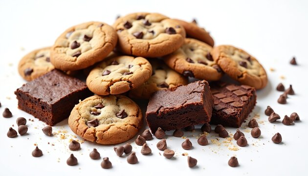 Homemade chocolate chip cookies brownies with crumble. Sweet crunchy pastry dessert, snack, and bite. Isolated on white background, cocoa chips scattered around. Temptation, hunger, and indulgence.