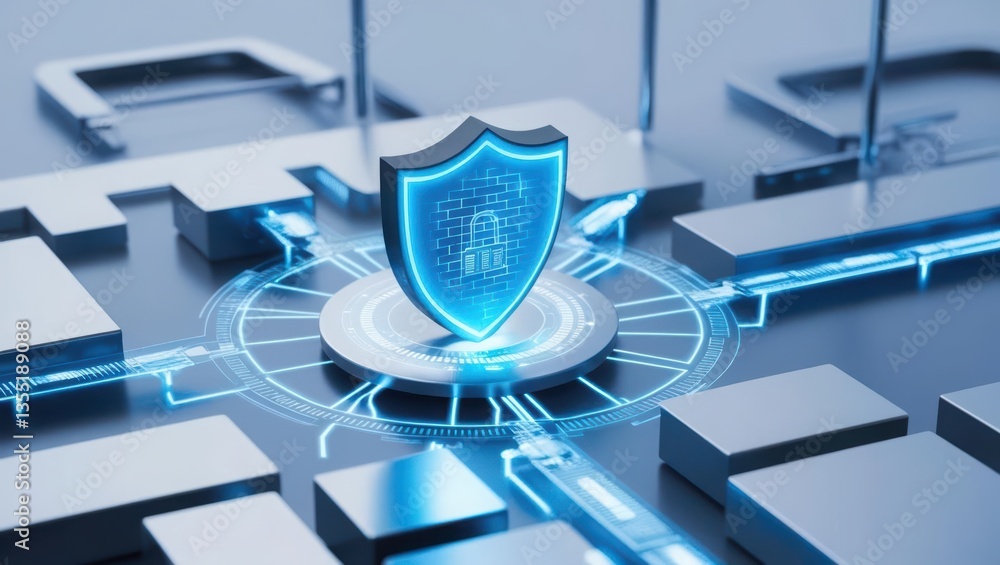 Aufkleber security shield surrounded by a network of cubes representing cyber banking and digital finance