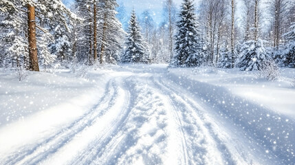 Obraz premium Snowy Forest Path Sunlight (1)