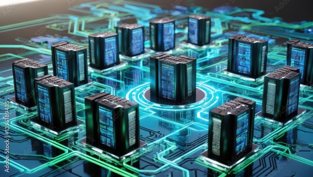 Aufkleber digital cityscape with blue and green circuit patterns representing a financial virtualization netwo