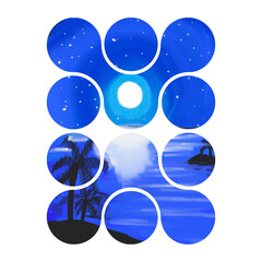 Abstract watercolor tropical island painting in organic shape cutout pattern.