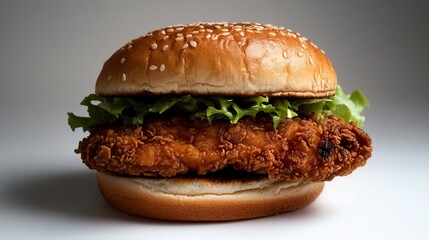 Delicious crispy chicken burger with fresh lettuce against a neutral background