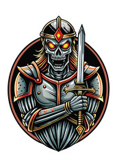 A terrifying undead medieval knight, decaying armor, skeletal features visible, wielding a rusty sword, amidst a dark, gothic setting.
