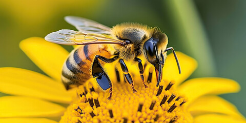 Busy bee gathering nectar from a bright yellow flower. Close-up shot captures the intricate details of both insect and bloom.
