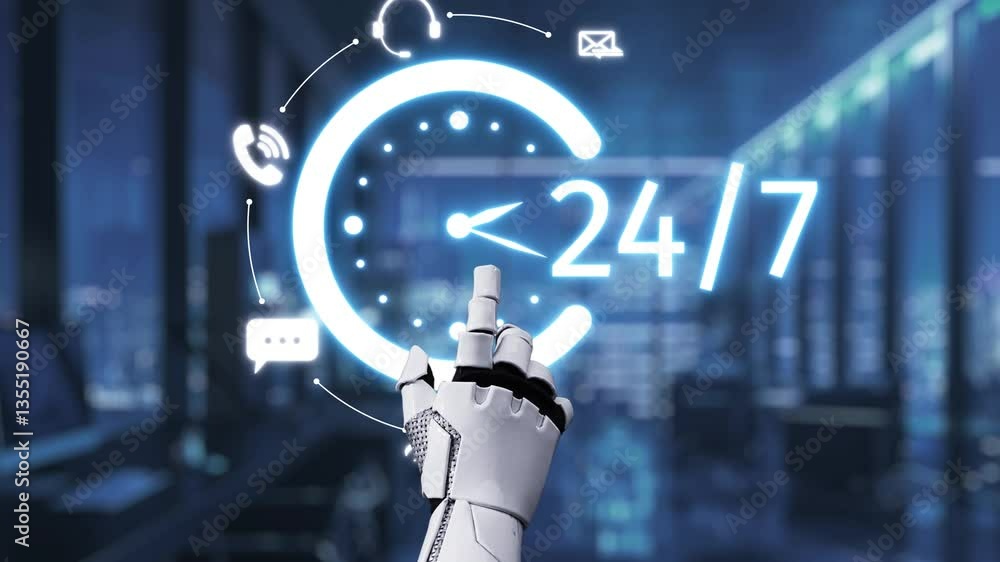 Aufkleber a robotic hand interacts with a 24-hour service icon in a modern office, showcasing the blend of tec