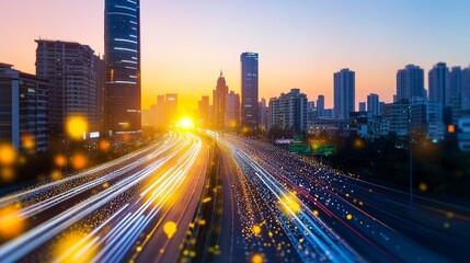Sunset over a bustling city skyline with light trails from busy traffic on a highway