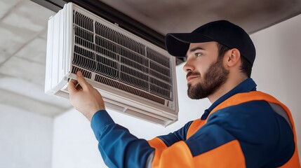 A skilled HVAC technician is replacing an air conditioning unit at a commercial site during the day to ensure optimal comfort