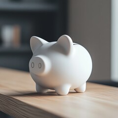 a minimalist white piggy bank with a matte finish, standing on a clean wooden desk, serene and modern vibe