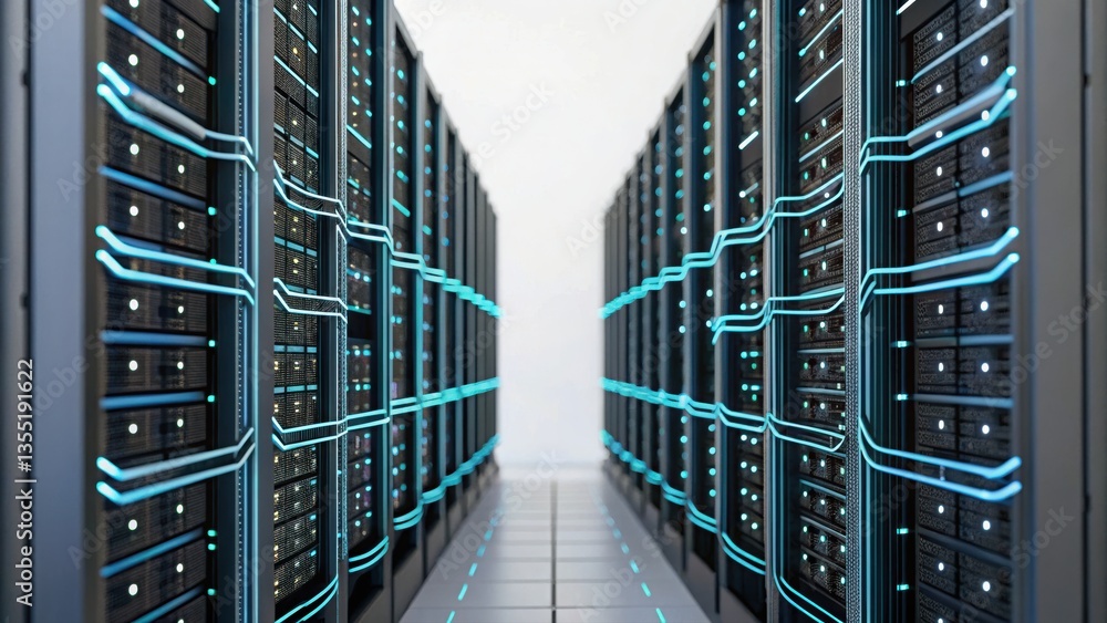 Poster rows of servers in a data center representing the backbone of a financial virtualization network