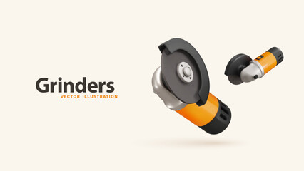 3d Electric Angle Grinder with Orange and Black Body. Isolated Professional Power tools cutting, grinding, and polishing. Essential equipment construction, repair work. Realistic vector illustration.