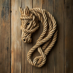 Obraz premium A detailed horse head sculpture crafted from thick, twisted rope is mounted on rustic wooden planks, blending art with texture and craftsmanship