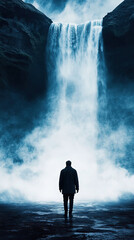 Obraz premium A solitary figure stands before the majestic cascade, immersed in the grandeur of nature's raw power. Serene yet powerful scene.
