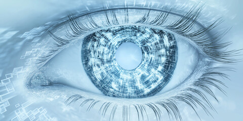 Human eye with technological interface pattern overlay