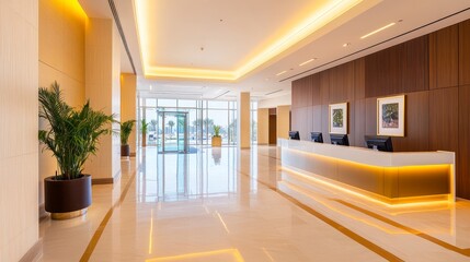 Fototapeta premium Modern hotel lobby featuring sleek reception area with warm lighting and plants, serene view outside