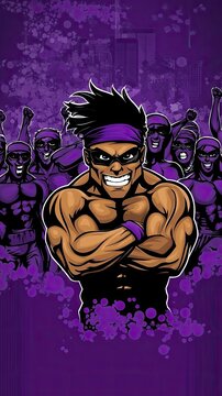 Muscular wrestler, purple team, crowd cheering, city backdrop, sports poster