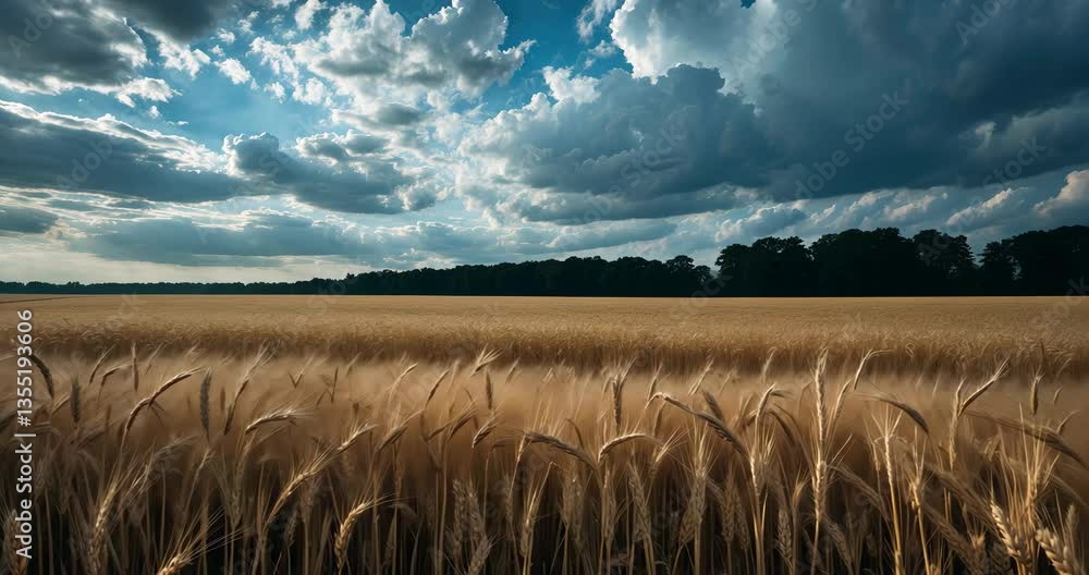 Poster a grassy field with a background of a cloudy sky. the sky is predominantly overcast with some areas 
