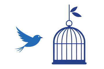 Fototapeta premium Bird Flying Near a Blue Birdcage with Leaves on White, Freedom, Symbolism