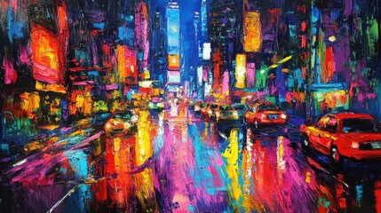 Obraz premium A colorful cityscape painted to depict a busy urban street scene