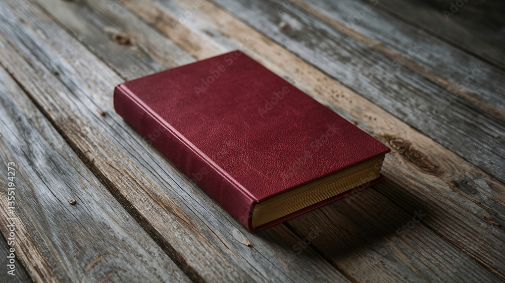 Poster red book with textured cover rests on rustic wooden surface, showcasing simplicity and knowledge, id