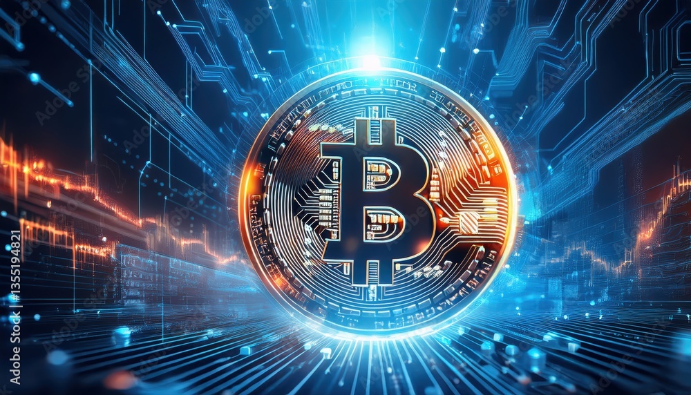 Poster rotating bitcoin coin against a digital background illustrating the evolution of cryptocurrency in f