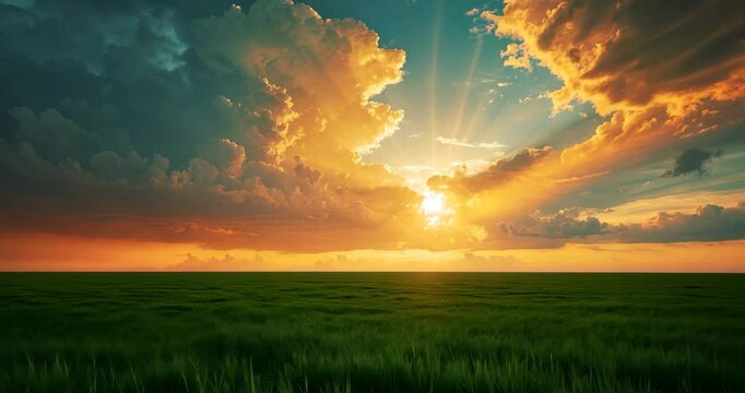 A beautiful green meadow under a stormy sky at sunset.