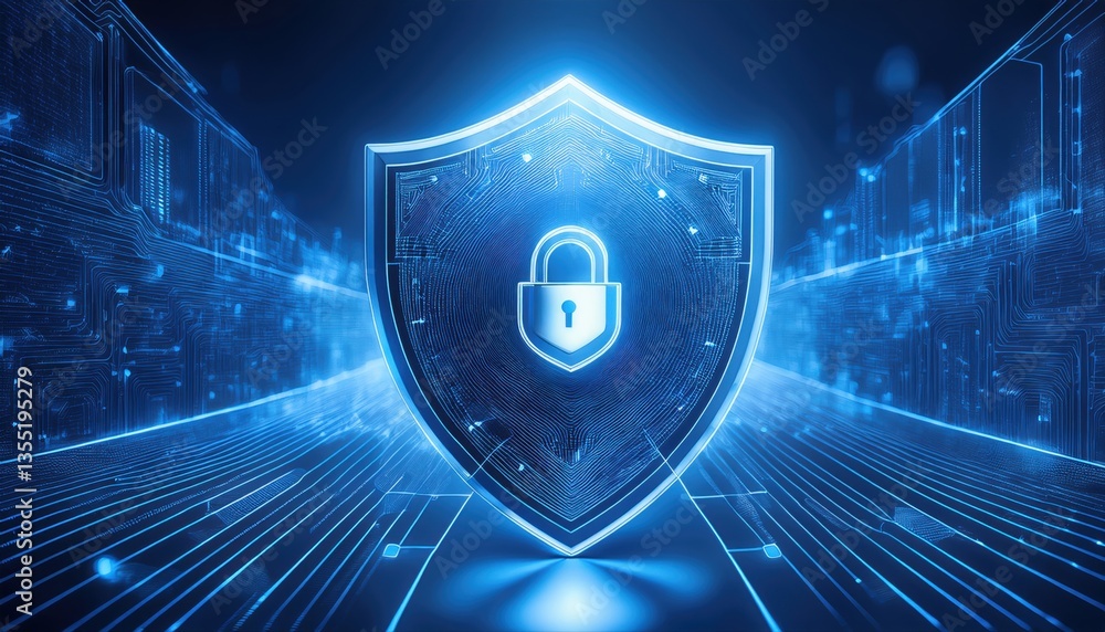 Poster security shield with a lock symbolizing protection in a digital banking and finance environment