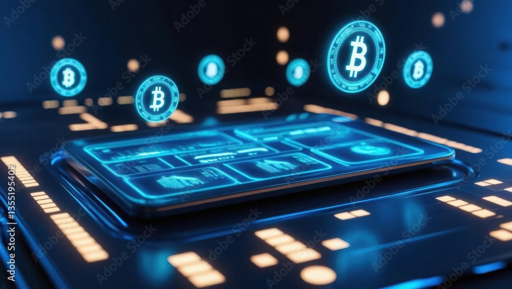 Poster cell of bitcoin icons floating in a digital banking interface showcasing cryptocurrency innovation