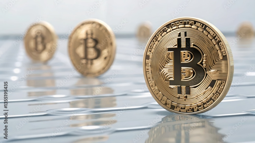 Poster bitcoin coins representing liquidity pools in a futuristic blockchain environment for investments