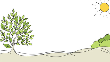Landscape view with tree sun. Green leaves earth nature. Ecology project environmental banner. Flat lay doodle style vector illustration