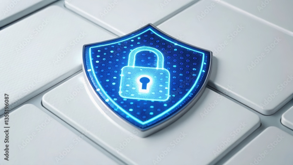 Poster computer keyboard displaying a blue shield emblem for enhanced security in digital banking