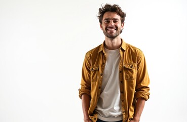 Obraz premium Young man smiling, hands in pockets, isolated white background. Person wears casual attire, open yellow shirt over white t-shirt, facial expression shows confidence. Attractive, photogenic guy.