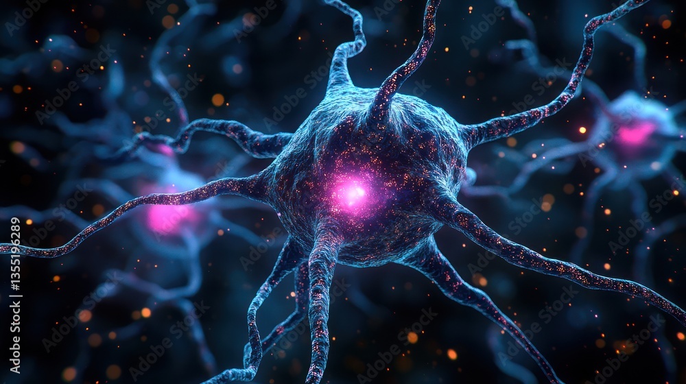 Poster microscopic view of neurons connecting and transmitting signals.