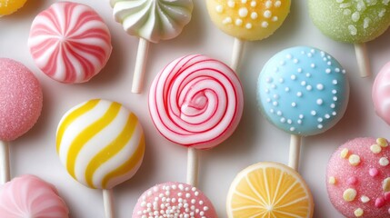 Colorful lollipops and meringue pops on sticks.