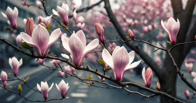 Branch of a Magnolia tree with flowers that emit their sweet, floral, lemony fragrance. The intense aroma wafts through the warmth, captivating towns.