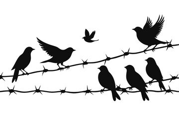 Obraz premium Birds on Barbed Wire Silhouette Freedom, Nature, Hope, Black and White Minimalist Style