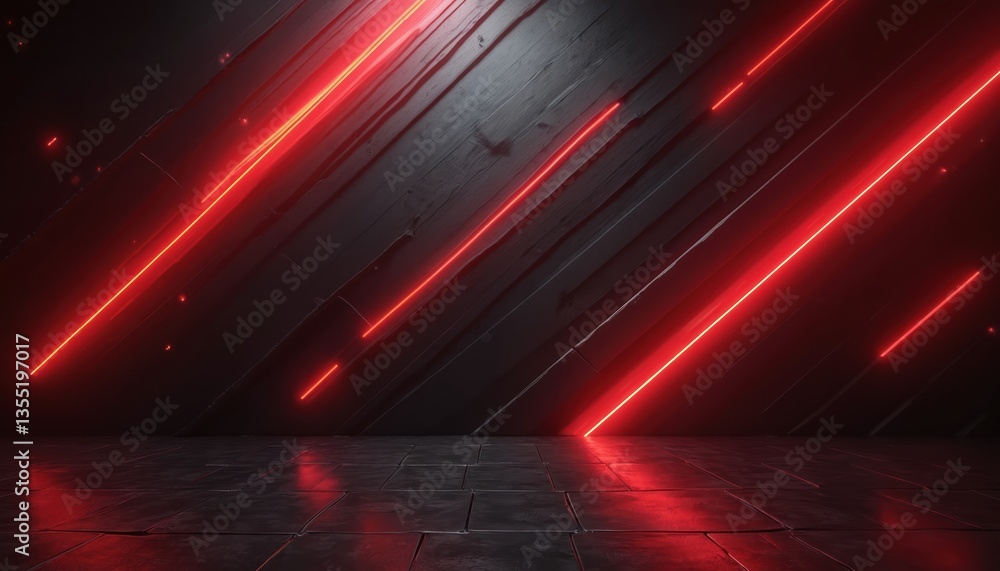 Poster Abstract digital tech background features red neon light stripes on diagonal wall. Dark gray metal texture floor, wall. Modern design for web, poster. Clean, sleek lines and soft gradients.