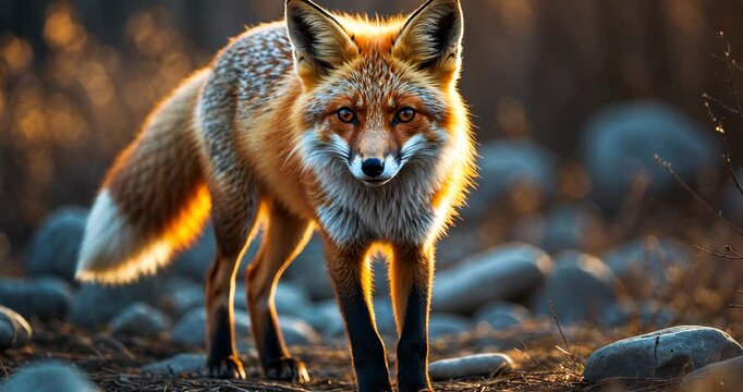 A young wild true red fox, cute and alert, stands on all fours, intently gazing forward while hunting. It possesses a sharp, piercing gaze, soft, fluffy fur, and a long tail featuring a white tip.