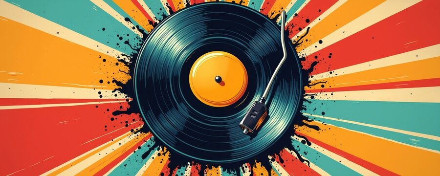 Cartoon vinyl record illustration in vintage pop art style. Bright, contrasting colors. Abstract graphic, comic design with classic retro vibe. Music, groovy, high-colored art. Ideal for music lovers.