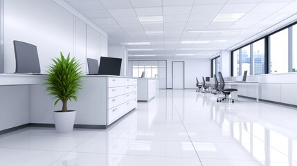 Modern office interior showcasing sleek design, workstations, and a potted plant in a bright space