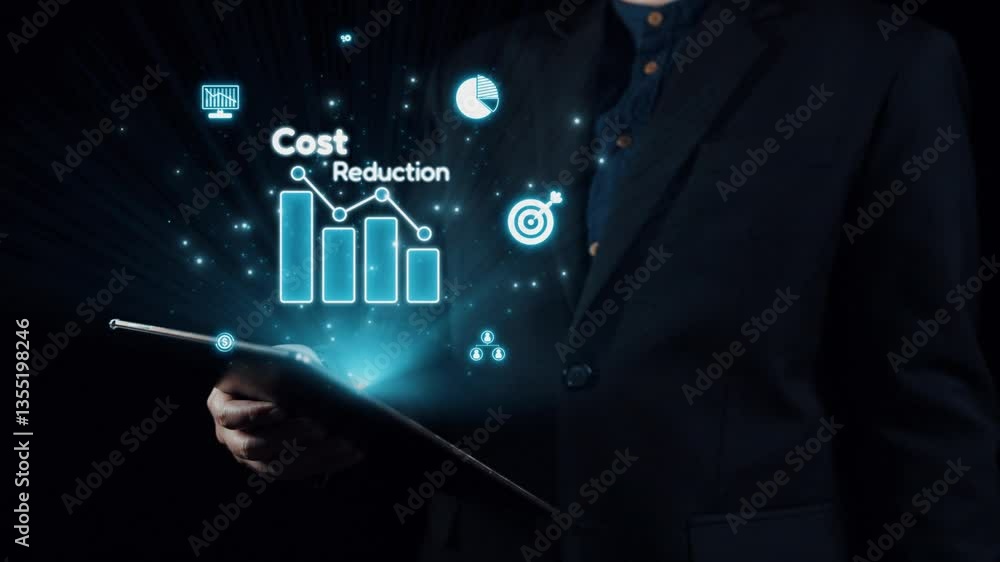 Poster a businessman in a suit holds a tablet displaying cost reduction graphics and digital icons, illustr