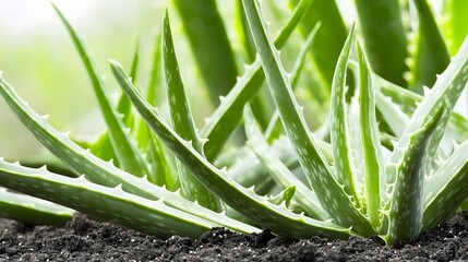 Obraz premium Close-Up of Lush Green Aloe Vera Plants Growing in Soft Soil under Bright Natural Light
