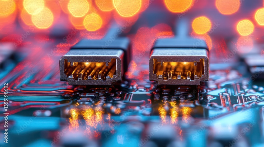 Poster close-up of two usb connectors on a circuit board with blurred bokeh lights.