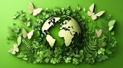 Earth Embraced by Paper Plants and Butterflies.