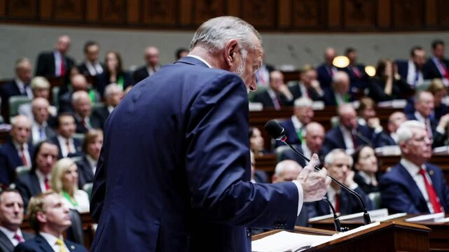 A speaker addresses an audience in a formal setting, captured from a side angle. The video style emphasizes the speaker's gestures and expressions.