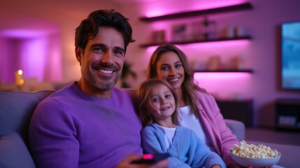 Caucasian family enjoying movie night at home with neon purple and pink ambient lighting, ideal for streaming platform ads, parenting blogs, and home entertainment visuals with cozy modern tones.