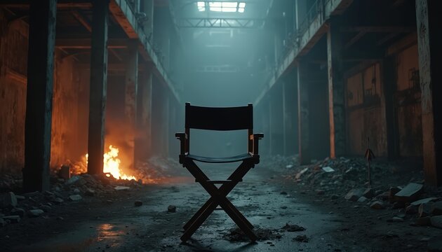 Empty director chair stands ruined film set. Gloomy atmosphere with fire, destruction, post apocalypse. Movie production stop. Cinema background, negative emotion, devastation concept.